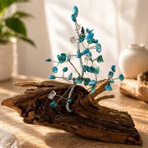 Handcrafted Artisan Turquoise Colored Stone Tree Sculpture Driftwood Base Boho